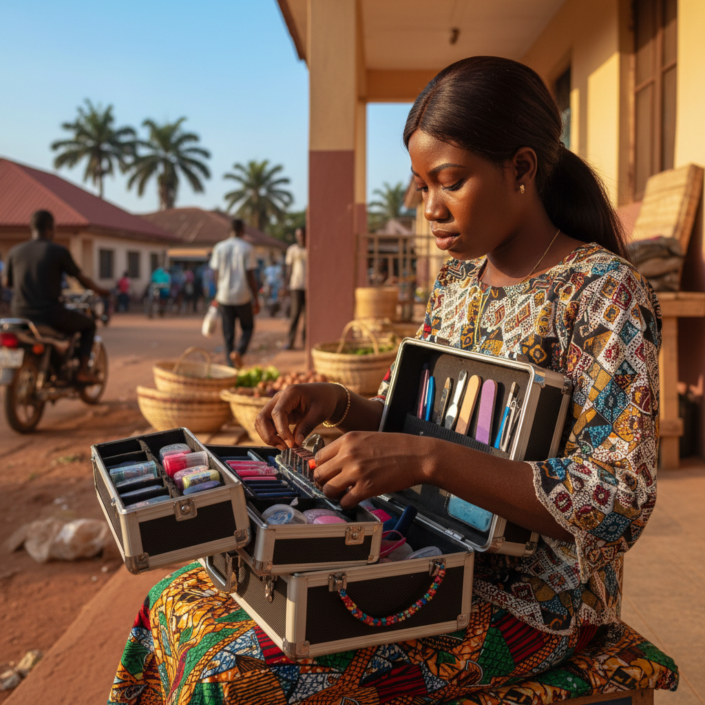 A mobile nail technician in Nigeria arranging her equipment in a travel case.