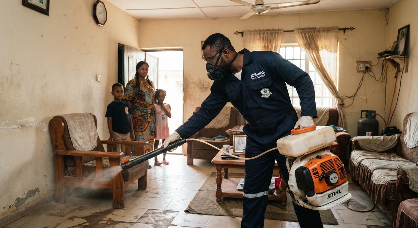 A fumigator carefully applies insecticide spray in a room in Ibadan.