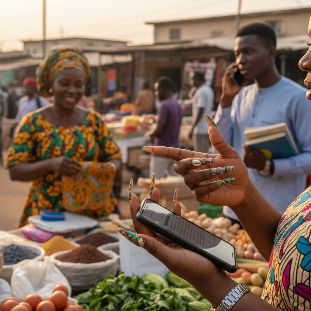 A close-up of a Nigerian woman's hands showing off a stunning set of acrylic nails with detailed art.