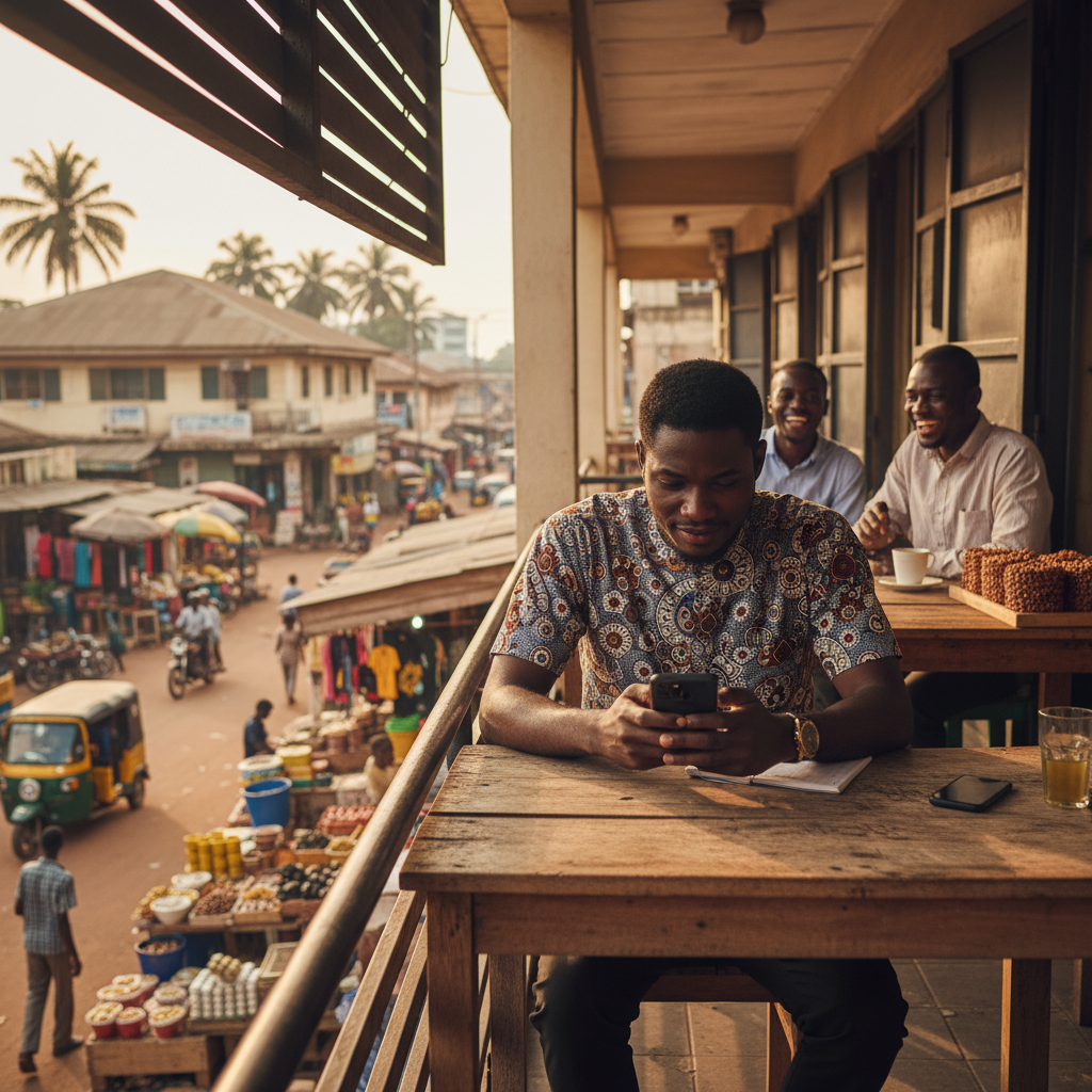 A young professional in Aba, Nigeria, looking at his budget on his smartphone.