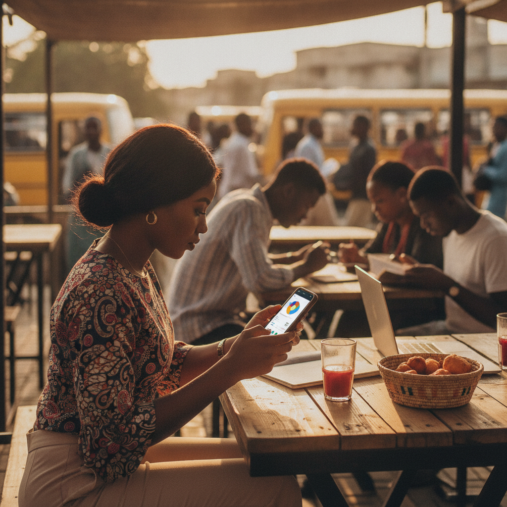 A young Nigerian woman sitting on a couch in Lagos, smiling as she uses a budgeting app on her phone.