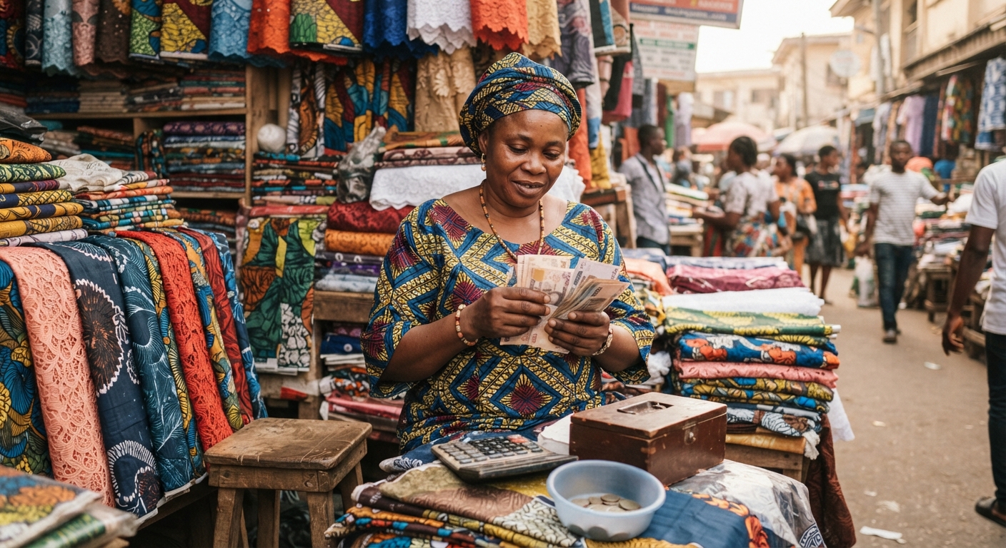 Nigerian woman trader counting naira at fabric stall