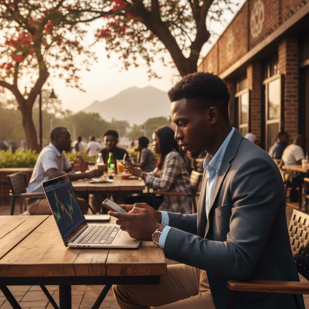 A Nigerian professional analyzing investment charts on a laptop in a modern Abuja office.