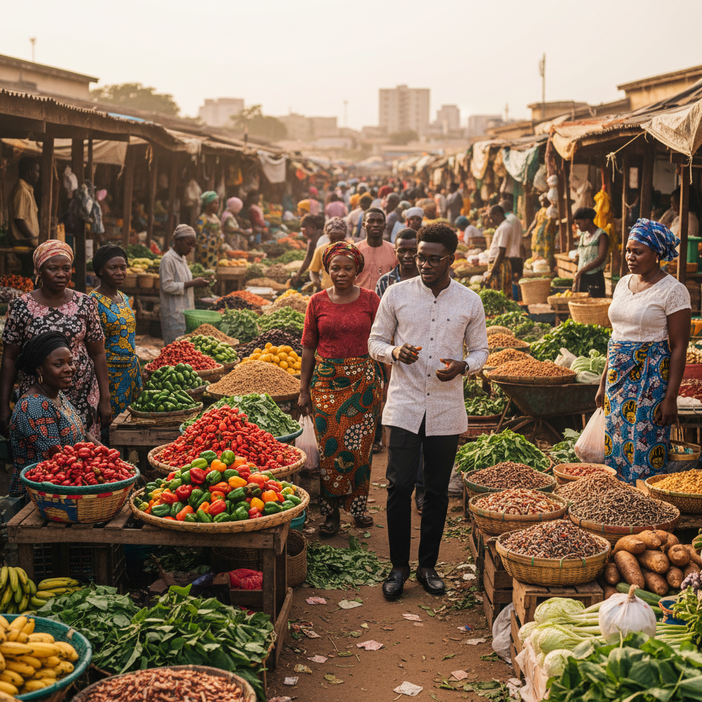 A vibrant and busy Nigerian open-air market with stalls of fresh tomatoes and peppers.
