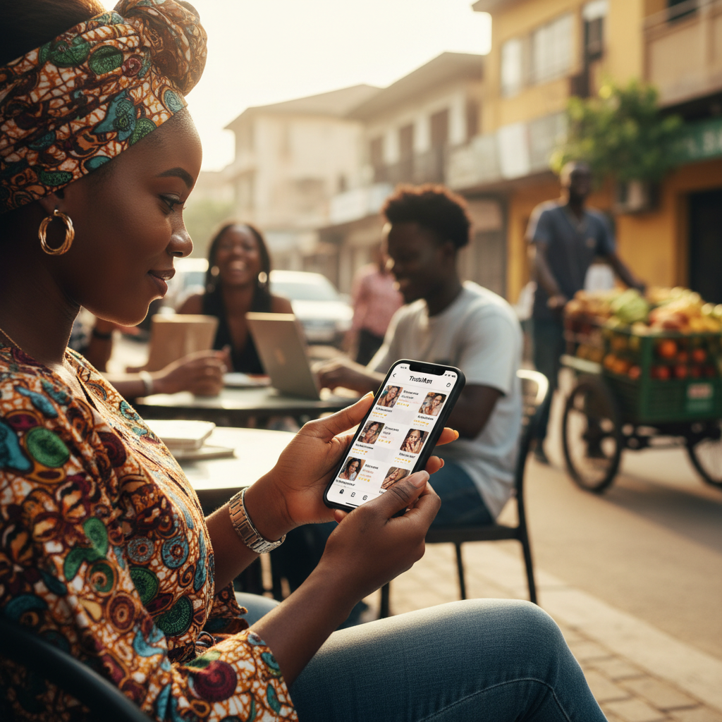 A young woman in Lagos browsing profiles of verified nail technicians on the TrustAm mobile app.