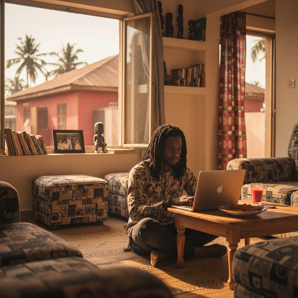 A creative young Nigerian professional working on a laptop, representing a side hustle from home.