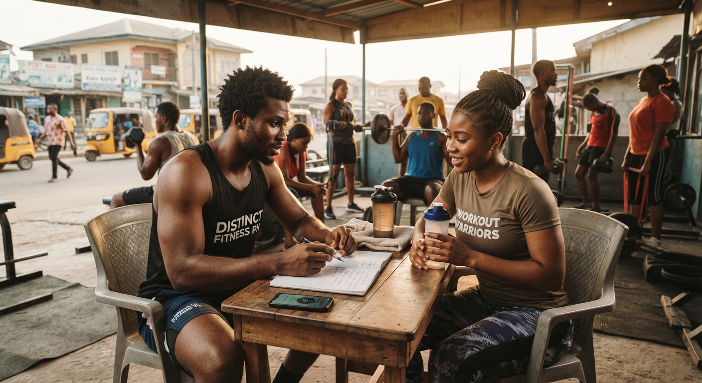 Fitness trainer and client discussing a workout plan in Port Harcourt