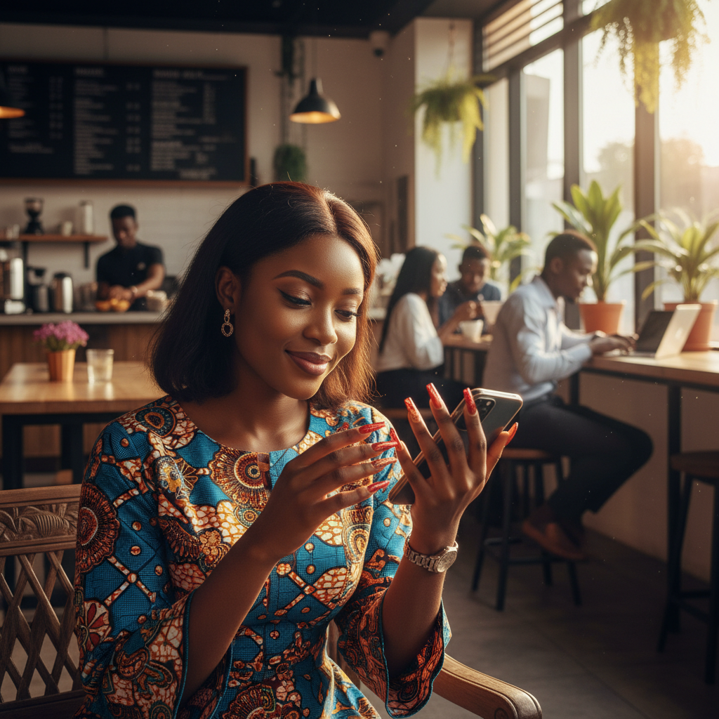 A happy Nigerian woman in Lagos showing off her beautiful new nails while using the TrustAm app on her phone.