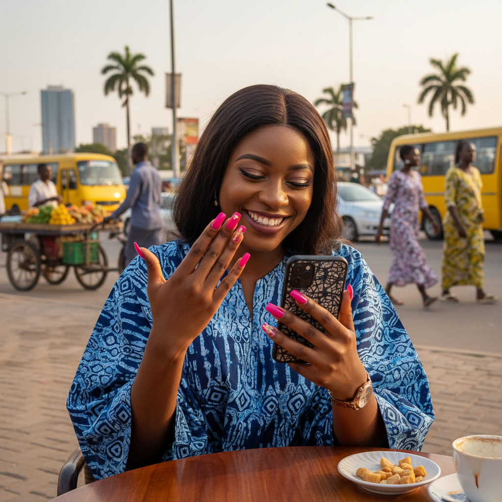 A smiling Nigerian woman in Lagos admiring her freshly done nails while checking her phone.