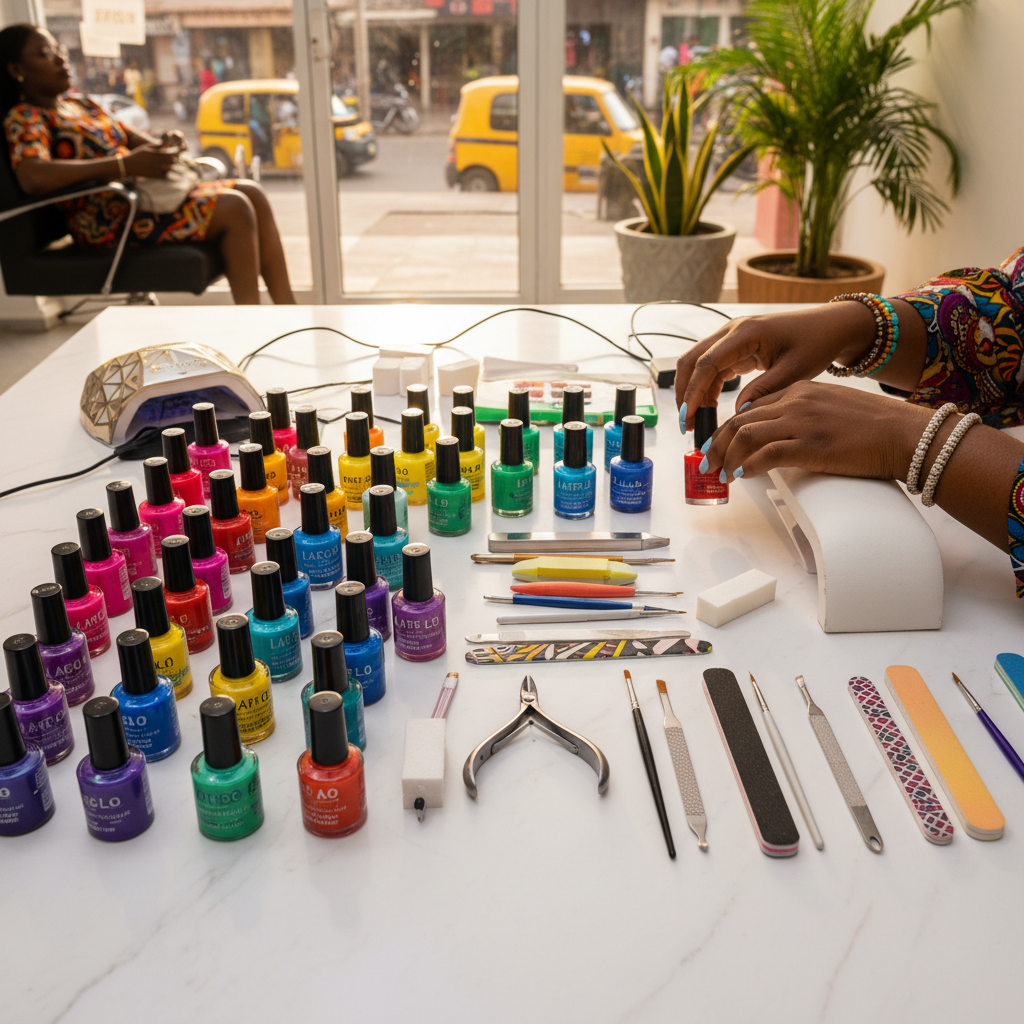 An organized flat lay of nail technician equipment including gel polishes, brushes, and files.