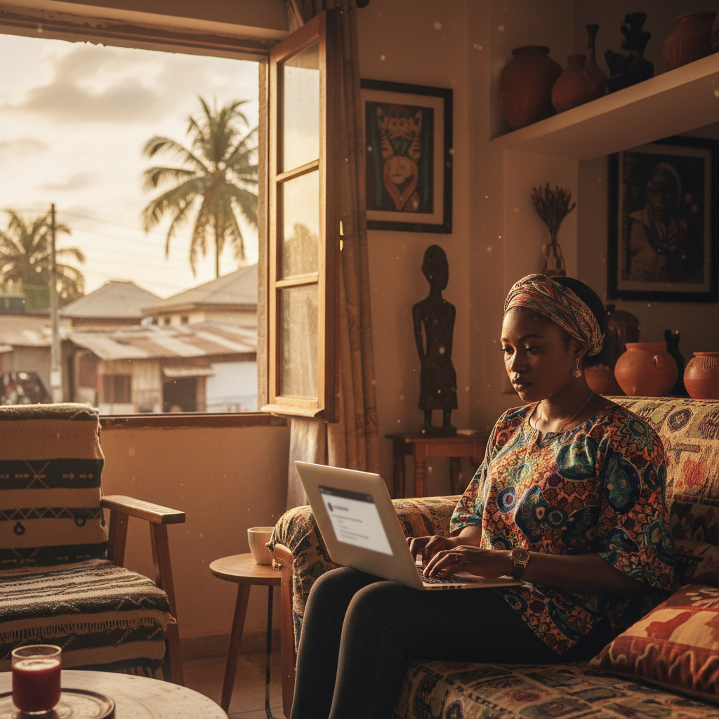 A young Nigerian woman smiling as she creates her nail technician profile on the TrustAm app using her laptop.