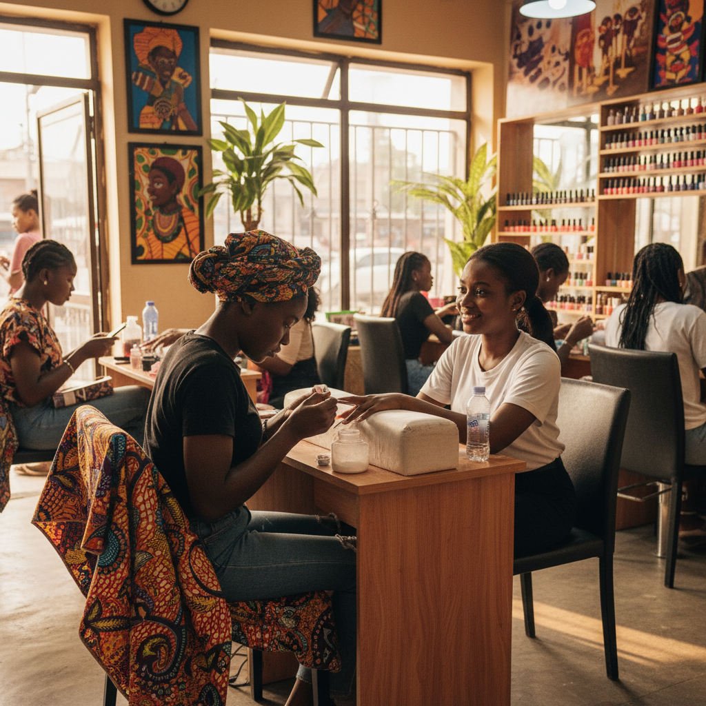 A skilled Nigerian nail technician carefully applying acrylic powder to a client's nail in a clean and modern salon in Lagos.