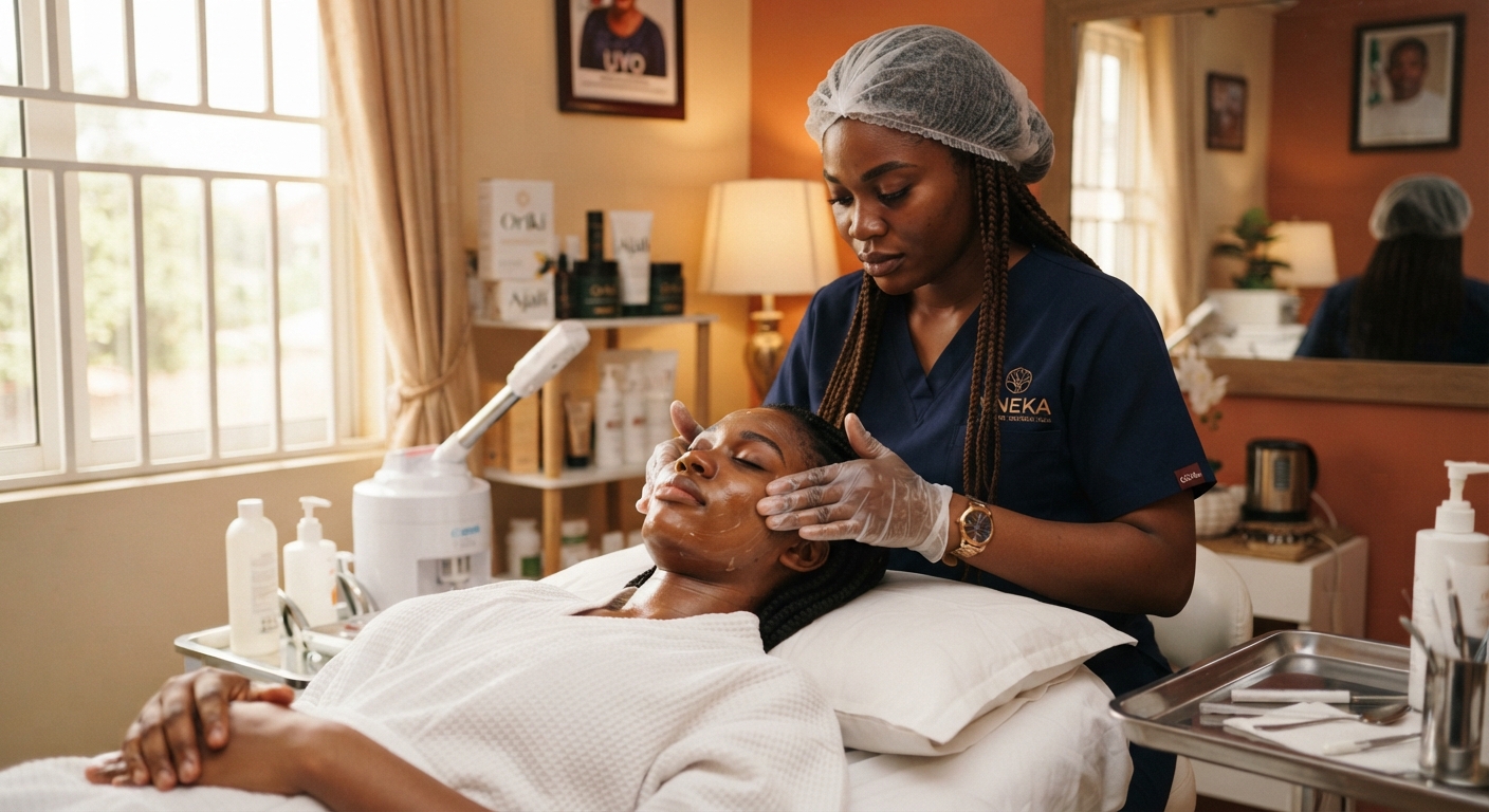 Young Nigerian woman receiving a facial treatment from a skincare specialist in a clean clinic in Uyo.