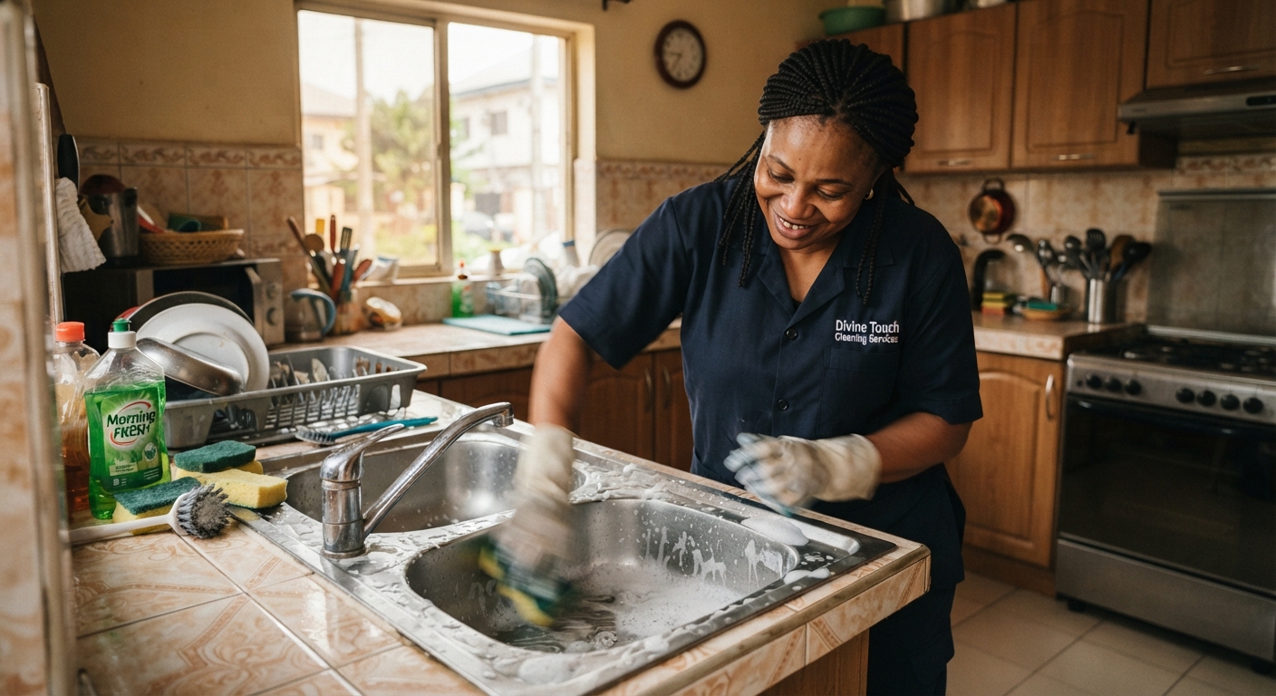 A professional cleaner meticulously scrubbing a kitchen sink in Port Harcourt