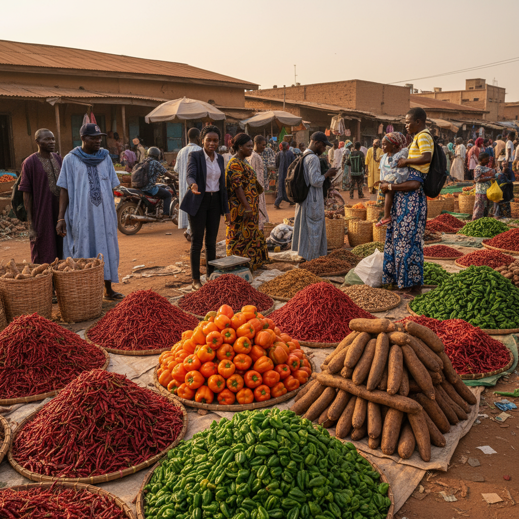 A vibrant outdoor market stall in Kano filled with fresh peppers, onions, and other produce.