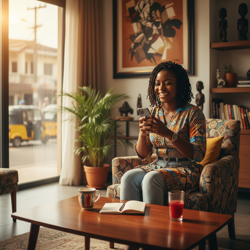 A happy Nigerian client leaving a positive review for a service provider on her phone.