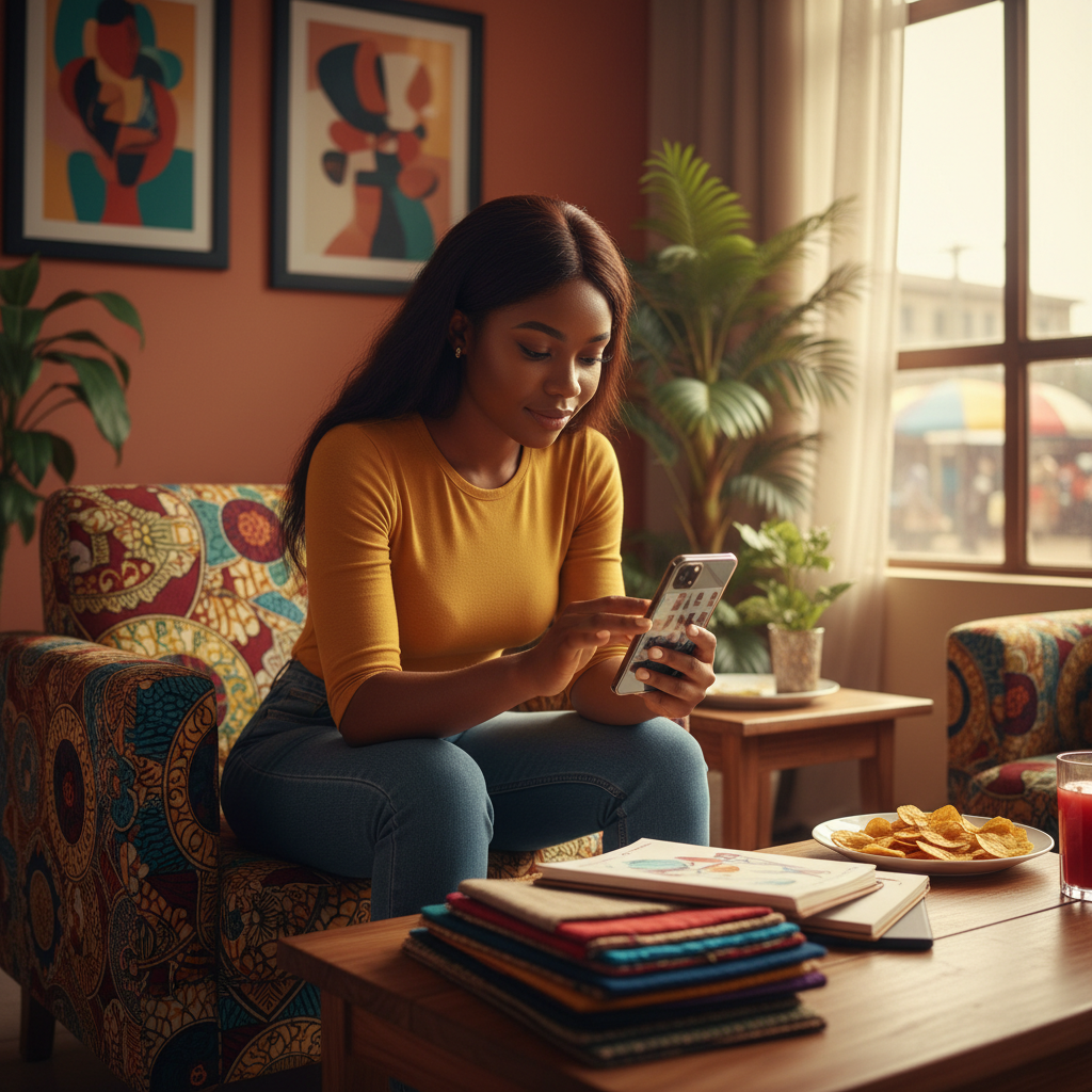 A woman in Lagos using the TrustAm app on her phone to find and book a verified nail technician.