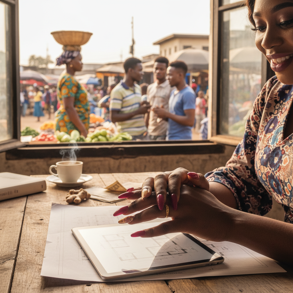 A close-up shot of a flawless set of acrylic nails with intricate art on a Nigerian woman's hand.