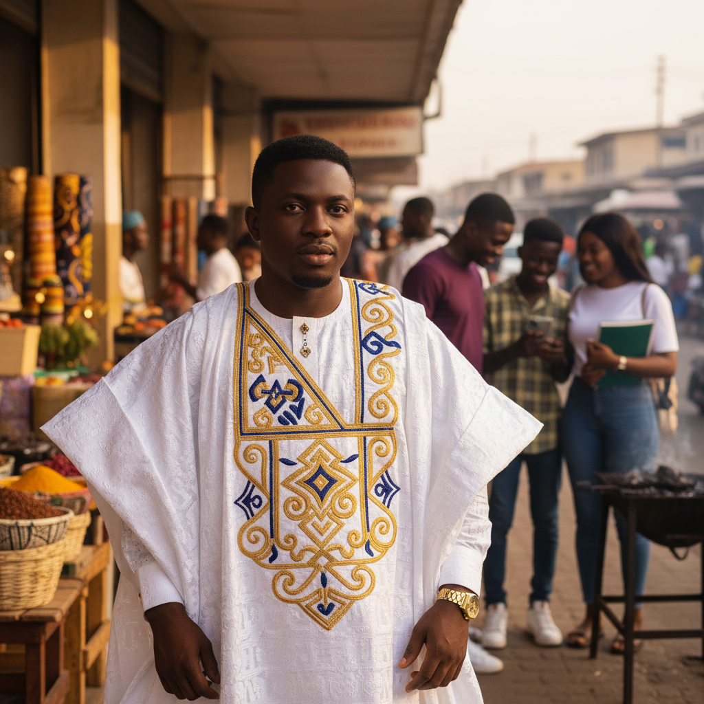 Detailed white embroidery on the chest of a Nigerian agbada.