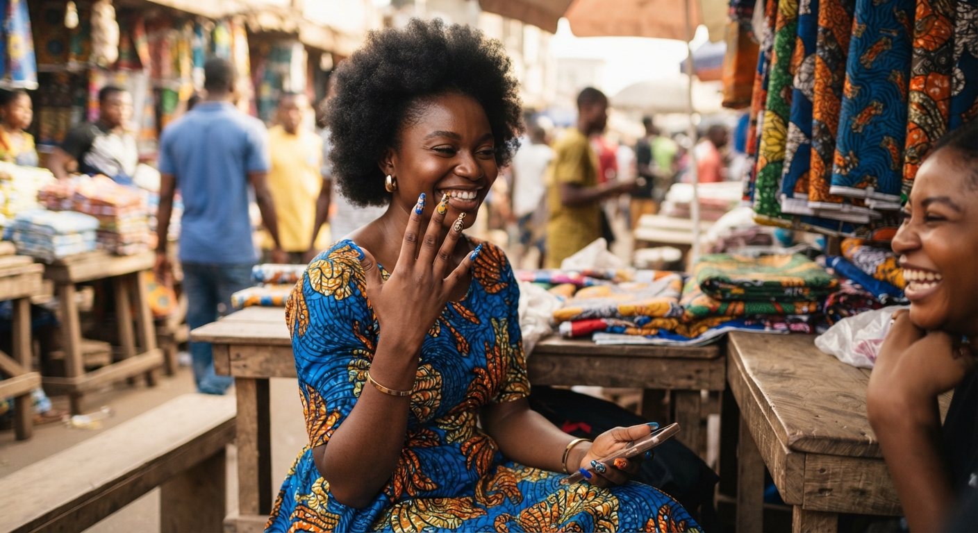 Young Nigerian woman proudly displaying her beautifully manicured acrylic nails
