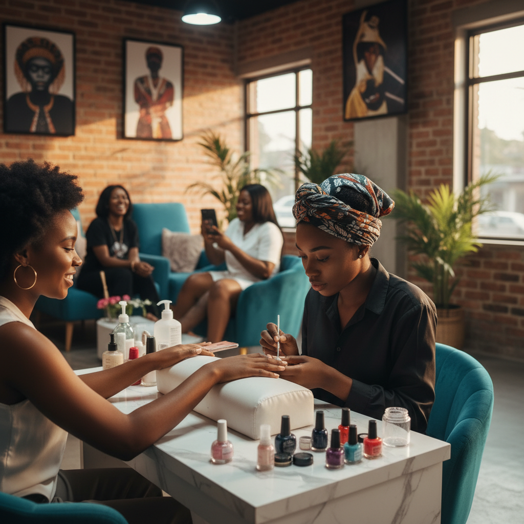 A skilled Nigerian nail technician carefully applying acrylic powder to a client's nail.