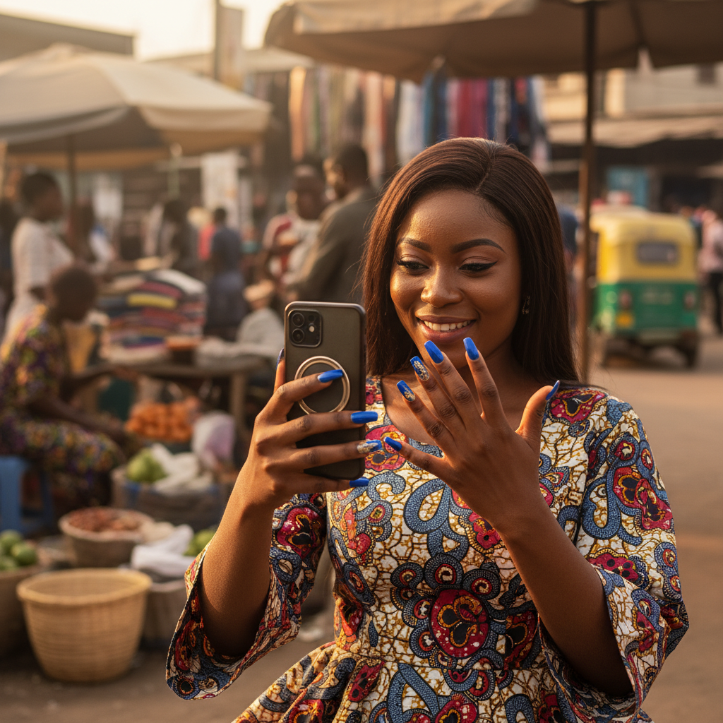 A young Nigerian woman showing off her new intricate manicure by taking a picture with her smartphone.