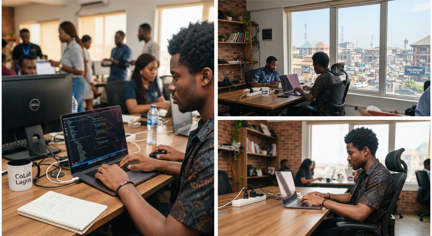 Nigerian web developer working on a laptop