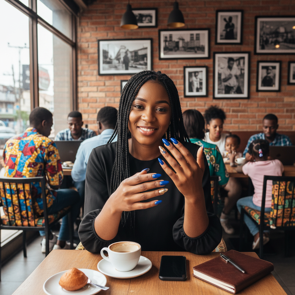 A happy Nigerian woman smiling as she looks at her new, beautifully designed nails while sitting in a Lagos cafe.