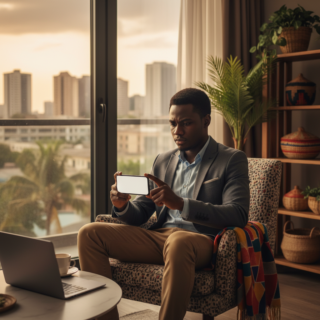 A young Nigerian man in Aba reviewing his monthly budget on his phone.