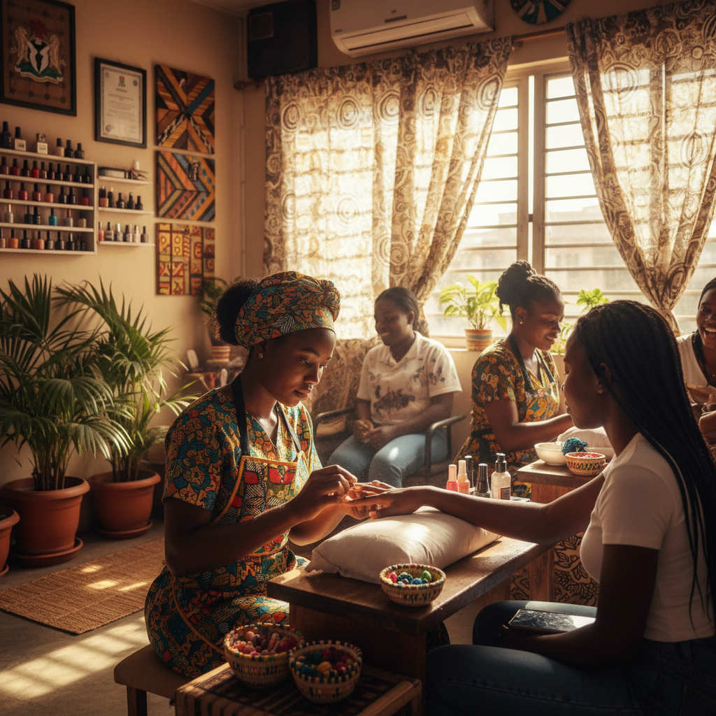 A skilled nail technician carefully applying acrylic powder to a client's fingernail in a well-lit Lagos salon.