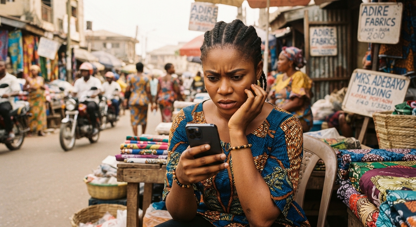 Young Nigerian woman looking worried while checking her phone, perhaps a scam alert