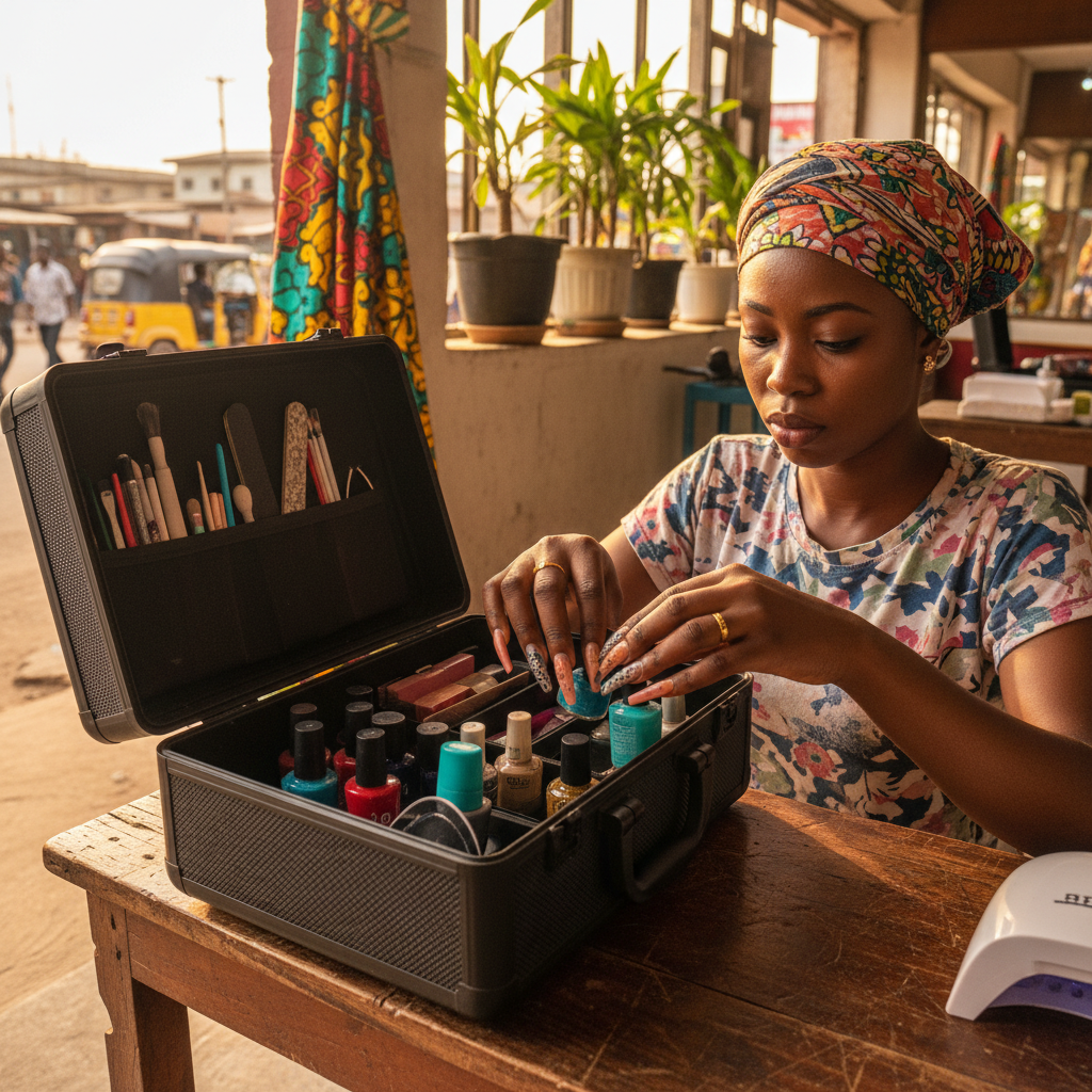 A Nigerian nail technician arranging her colourful nail polishes and tools in a professional kit.