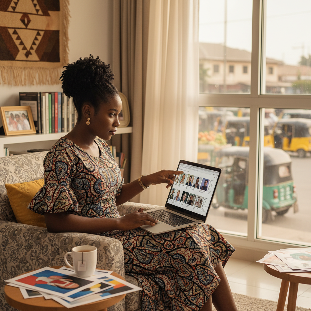 A young Nigerian woman sitting on her sofa, using her laptop to browse and compare photographer portfolios on TrustAm.
