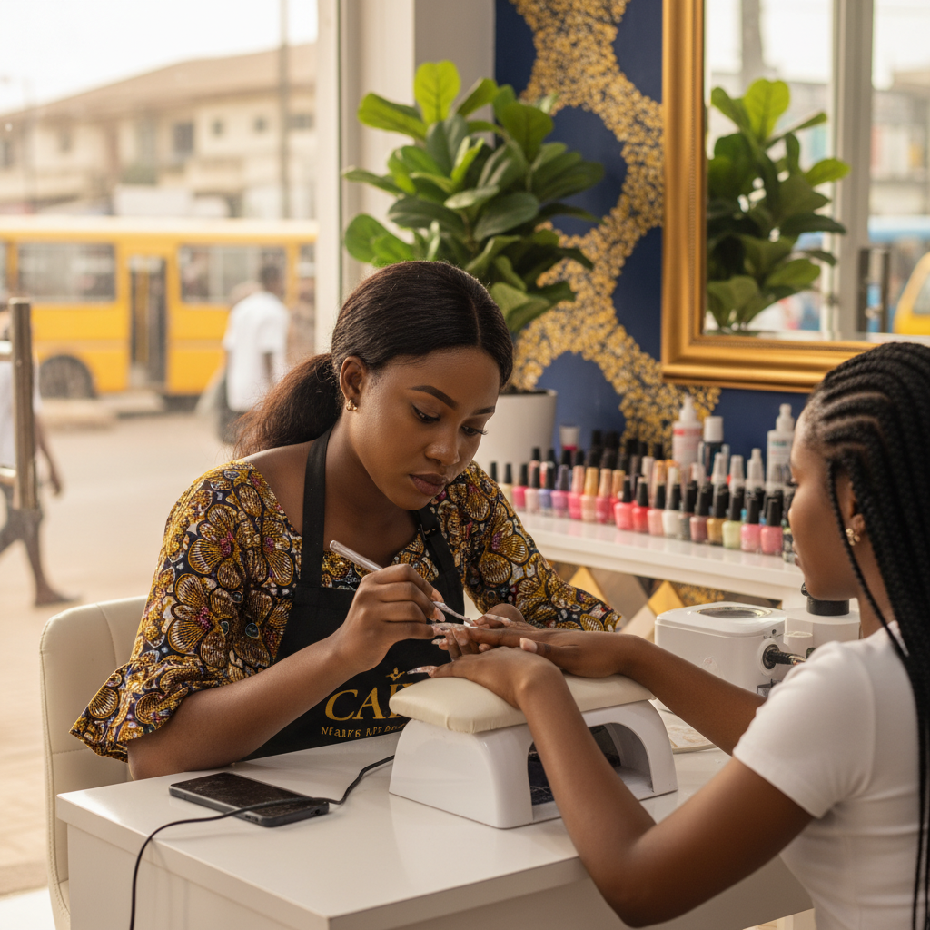A Nigerian nail technician focused on applying a perfect acrylic bead to a client's nail.