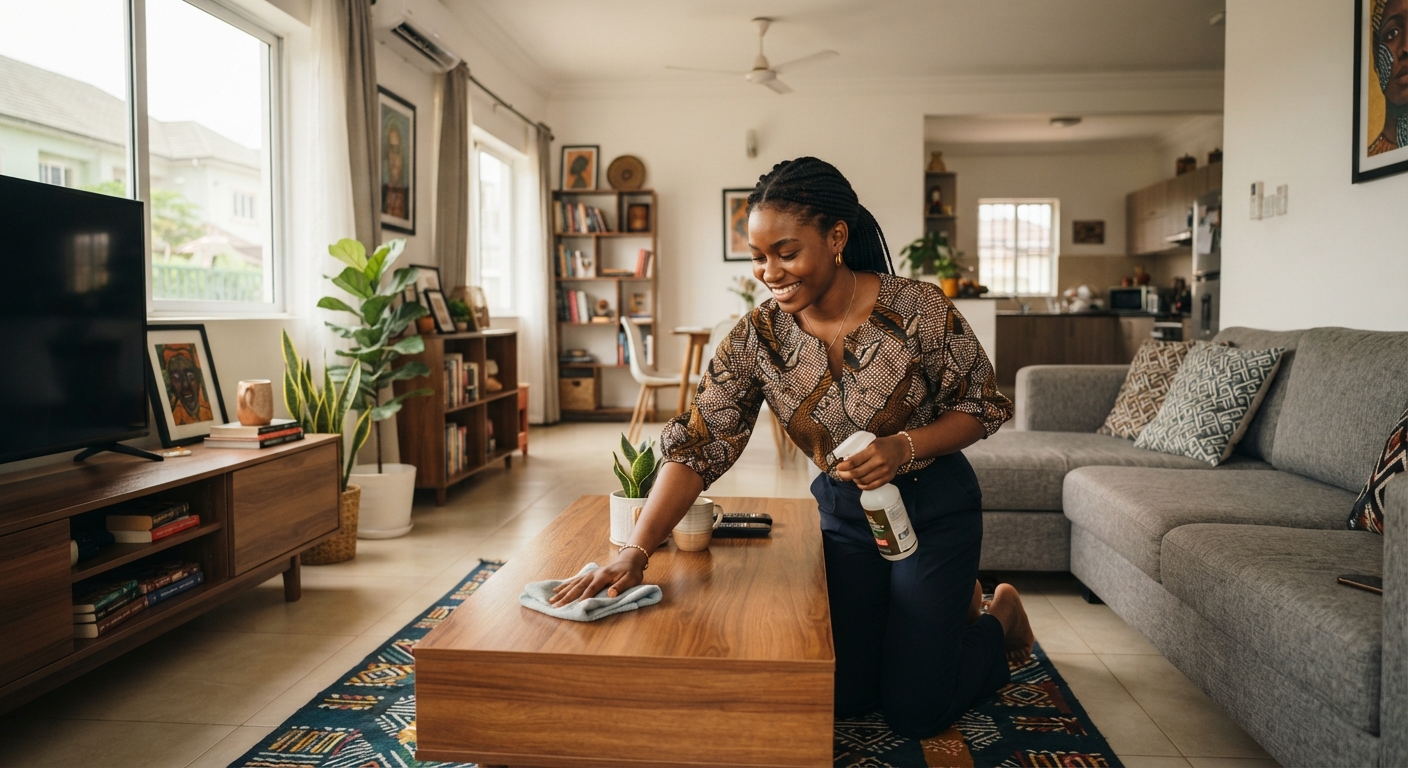 Young Nigerian woman diligently cleaning a modern living room