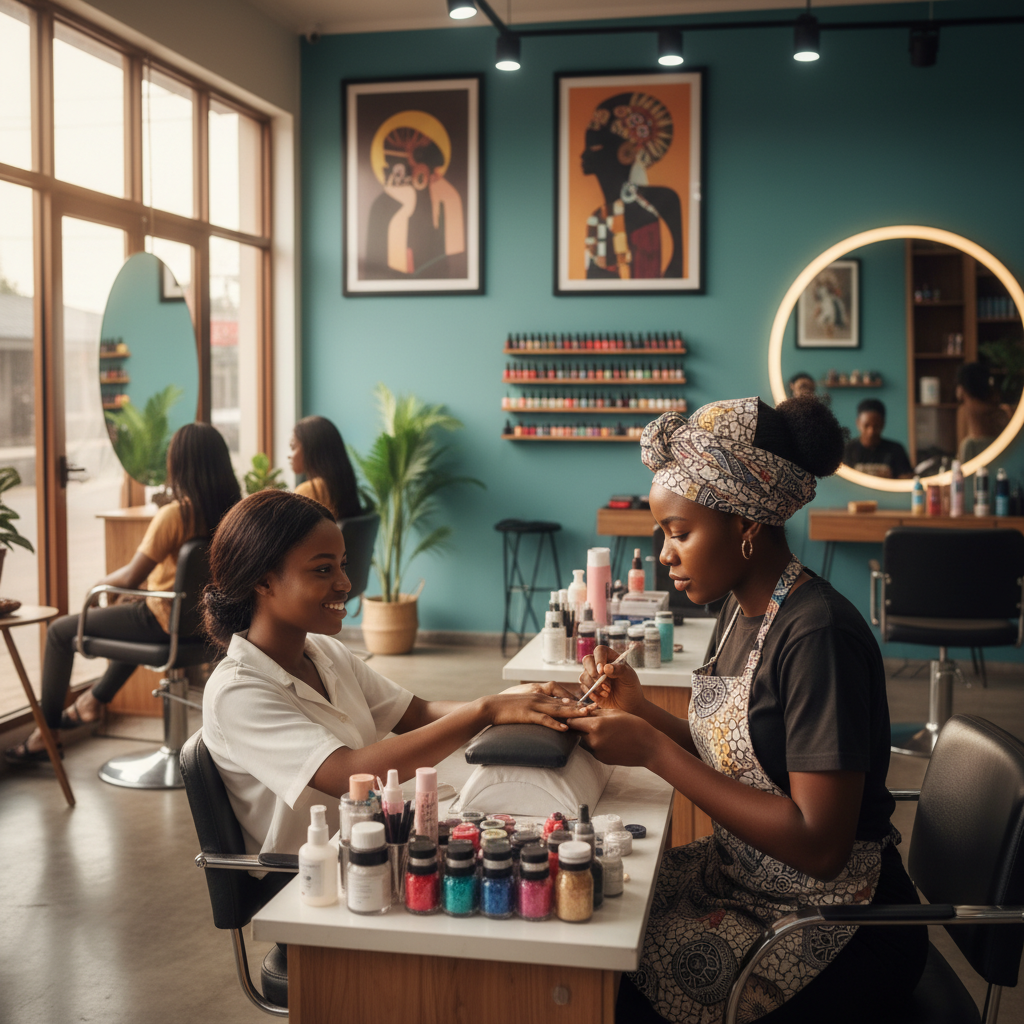 A Nigerian nail technician carefully applying acrylics for a client.