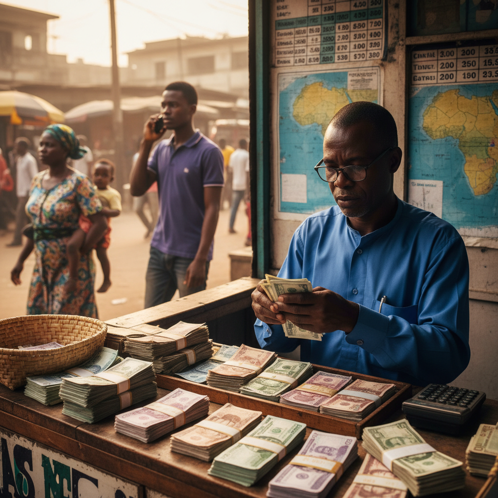 A Nigerian Bureau de Change operator counting a mix of Naira and Dollar banknotes.