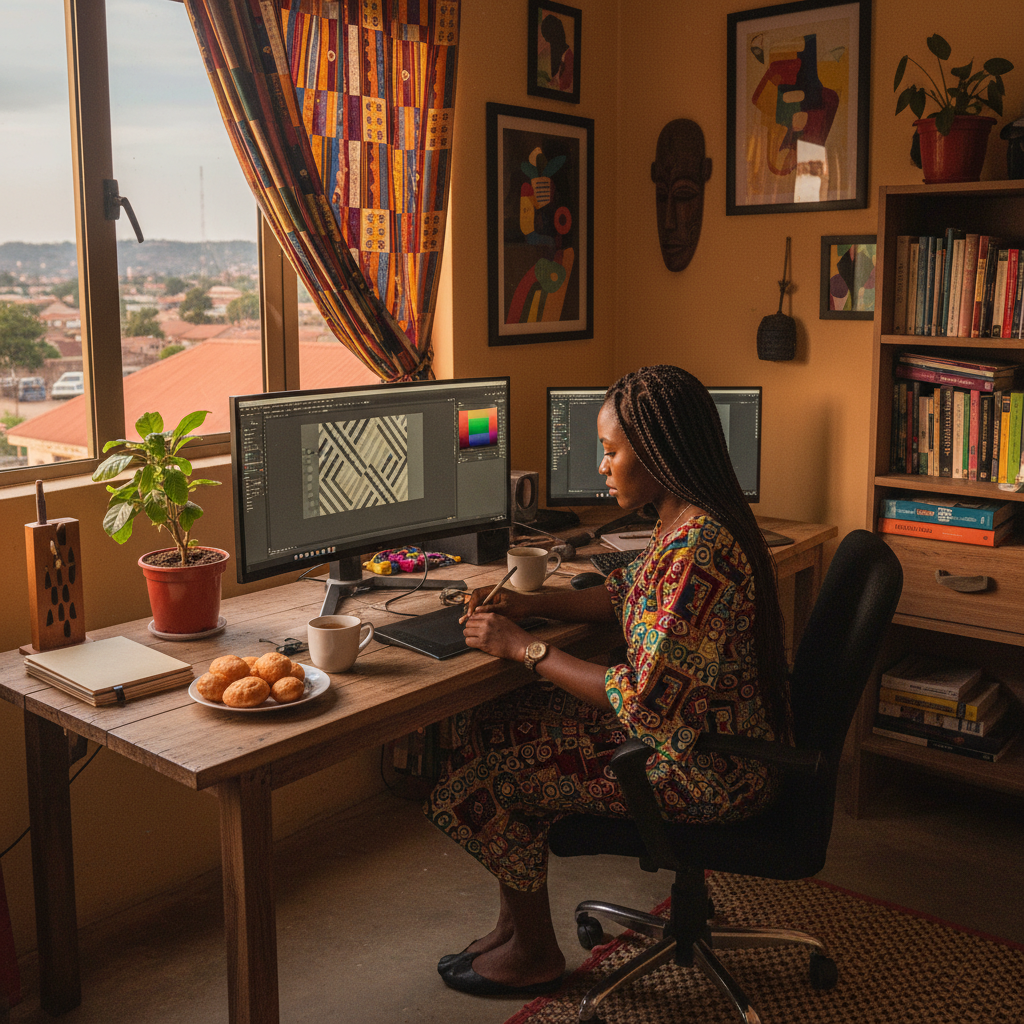 A Nigerian graphic designer focused on their work on a digital tablet.