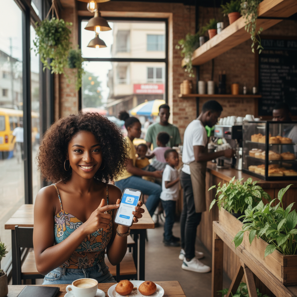 A young Nigerian woman happily booking a nail technician on the TrustAm app on her smartphone.