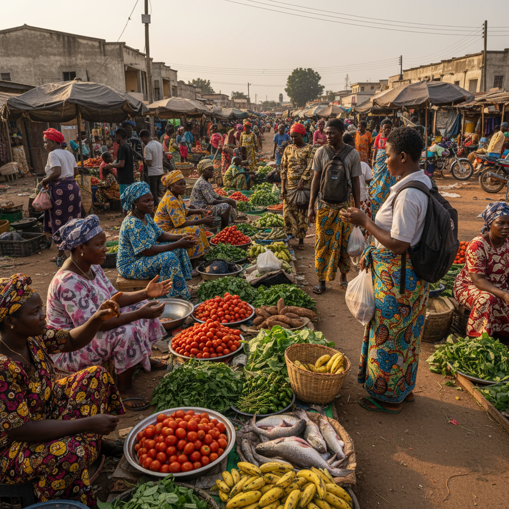 A vibrant scene at Akpan Andem Market in Uyo with stalls of fresh yams and vegetables.