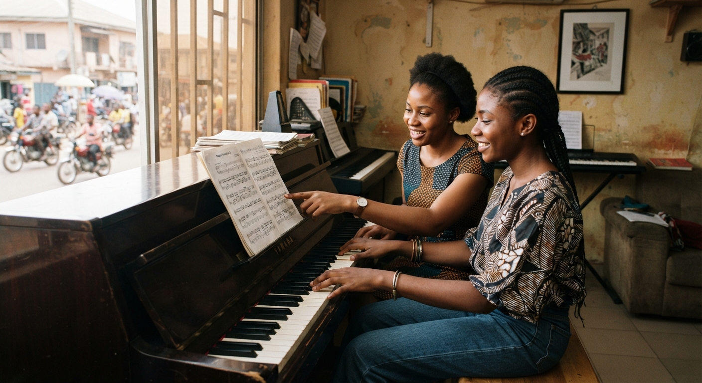 Young Nigerian woman learning piano with a tutor in Port Harcourt