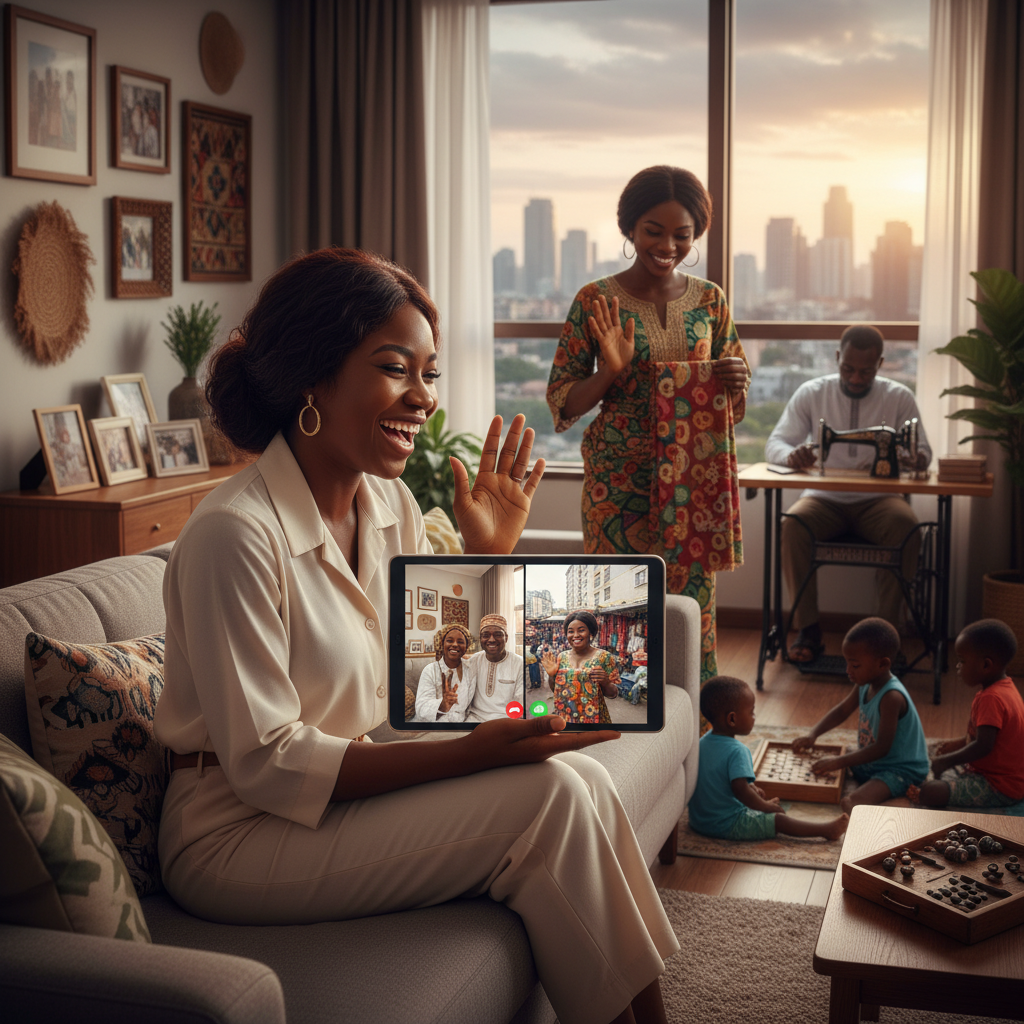 A Nigerian woman in London on a video call with her mother in Lagos, feeling relieved after successfully booking a service on TrustAm.