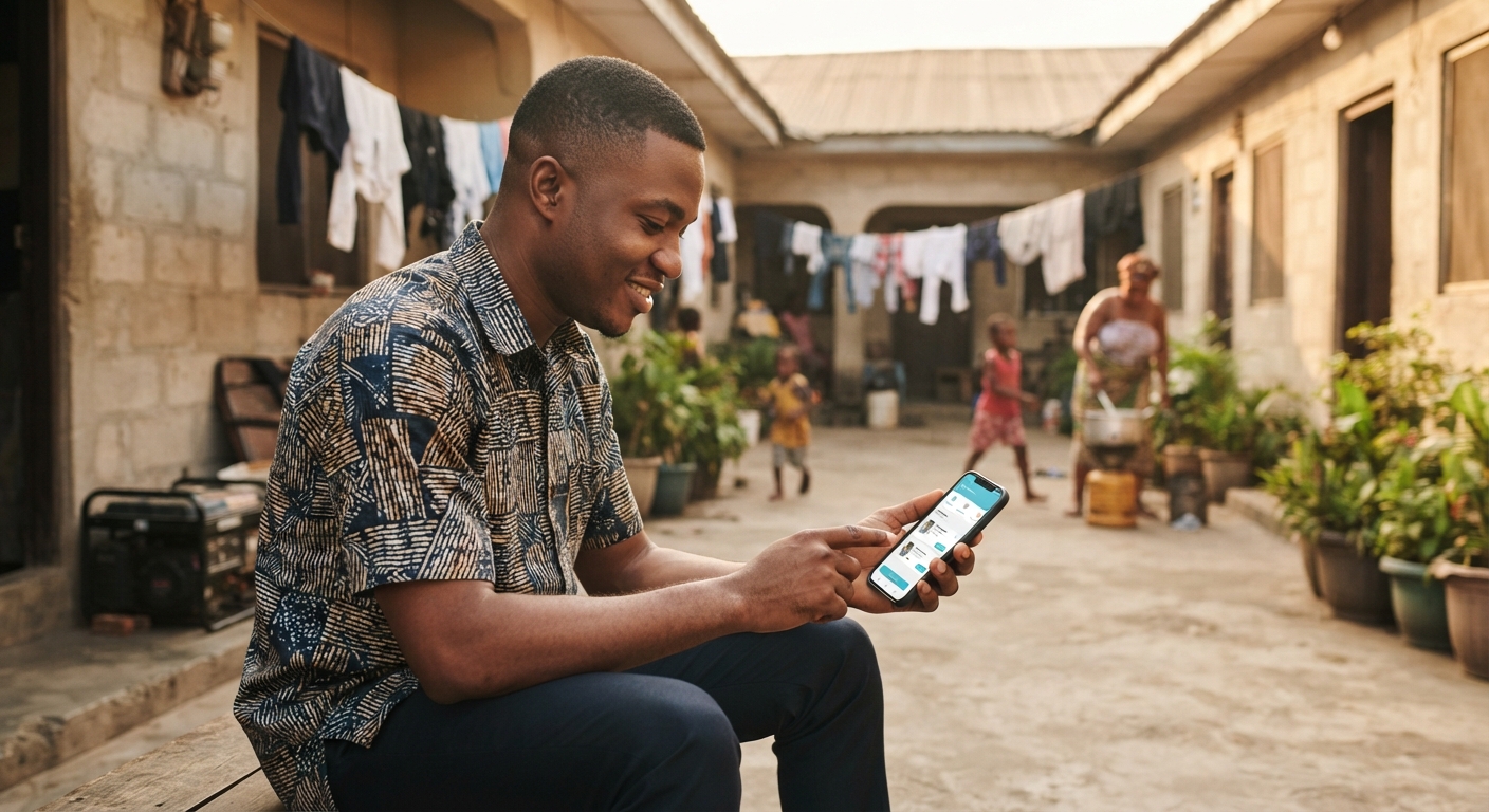 Young Nigerian man booking an electrician service through the TrustAm mobile app