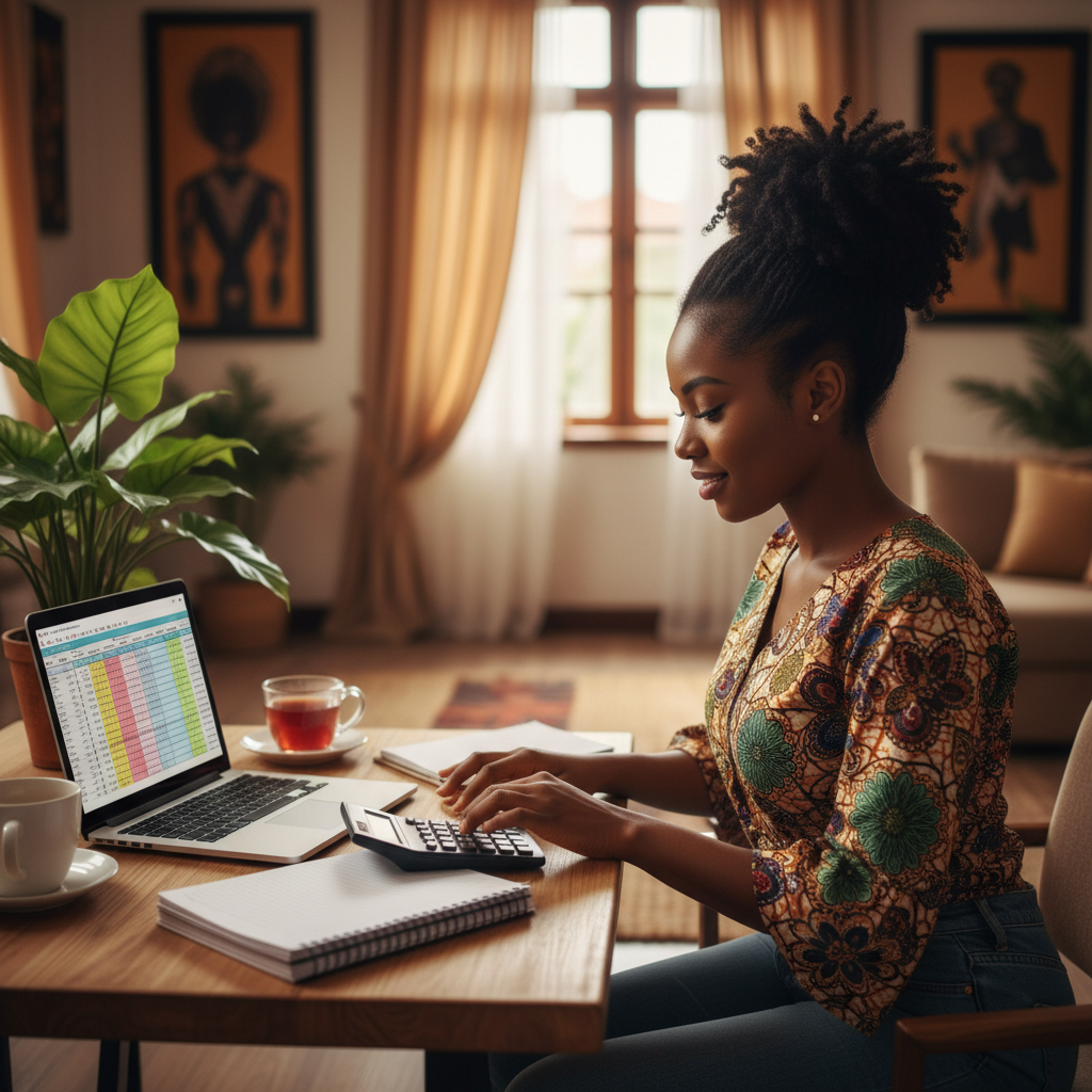 A young Nigerian professional calculating her monthly take-home pay.