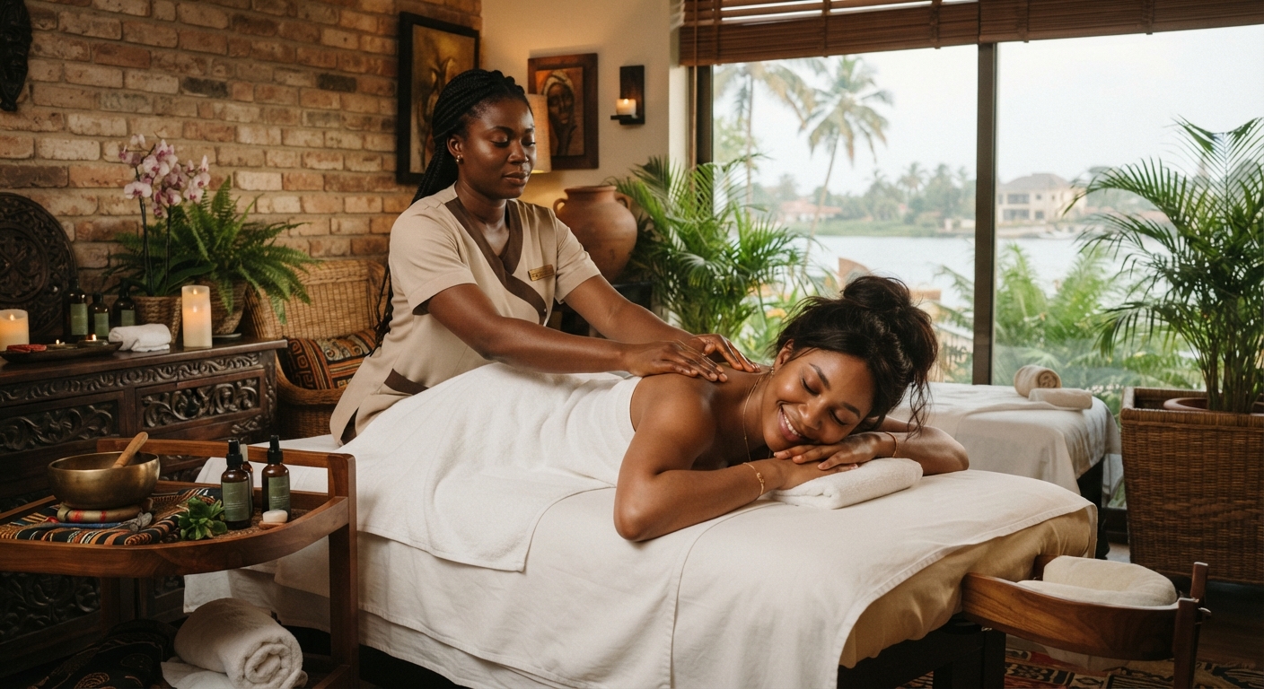 A serene spa treatment room in Lagos with massage bed and soft lighting