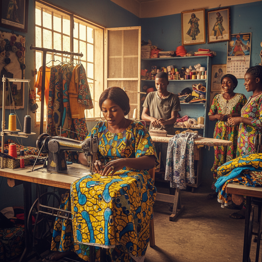 A Nigerian tailor working diligently at a sewing machine in her workshop.