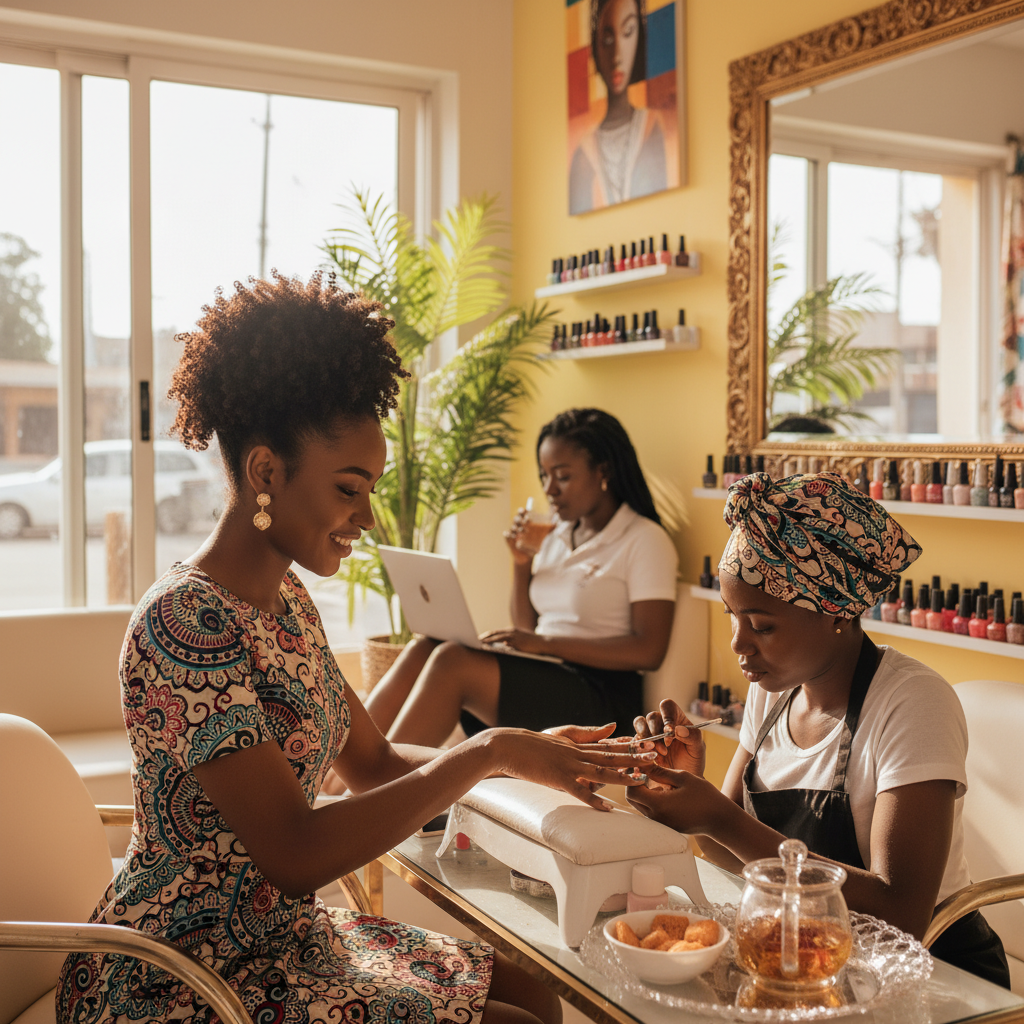 A Nigerian woman having her nails professionally done with intricate art in a Lagos salon.