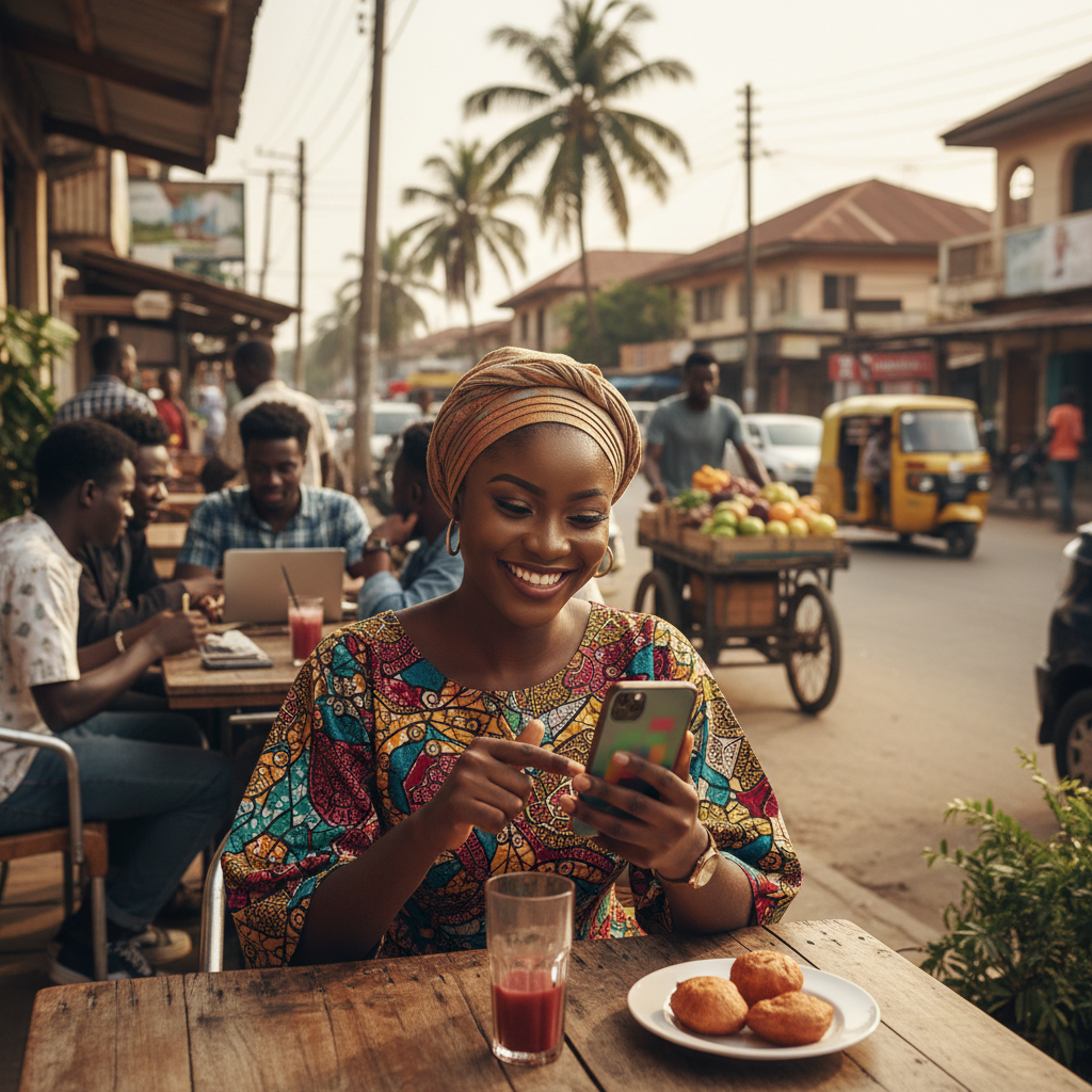 A young Nigerian woman in Aba smiling as she books a hair braider on the TrustAm app.