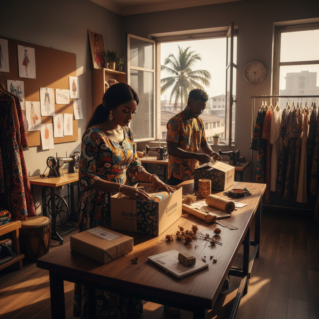 Young Nigerian online business owner carefully packaging a customer's order.
