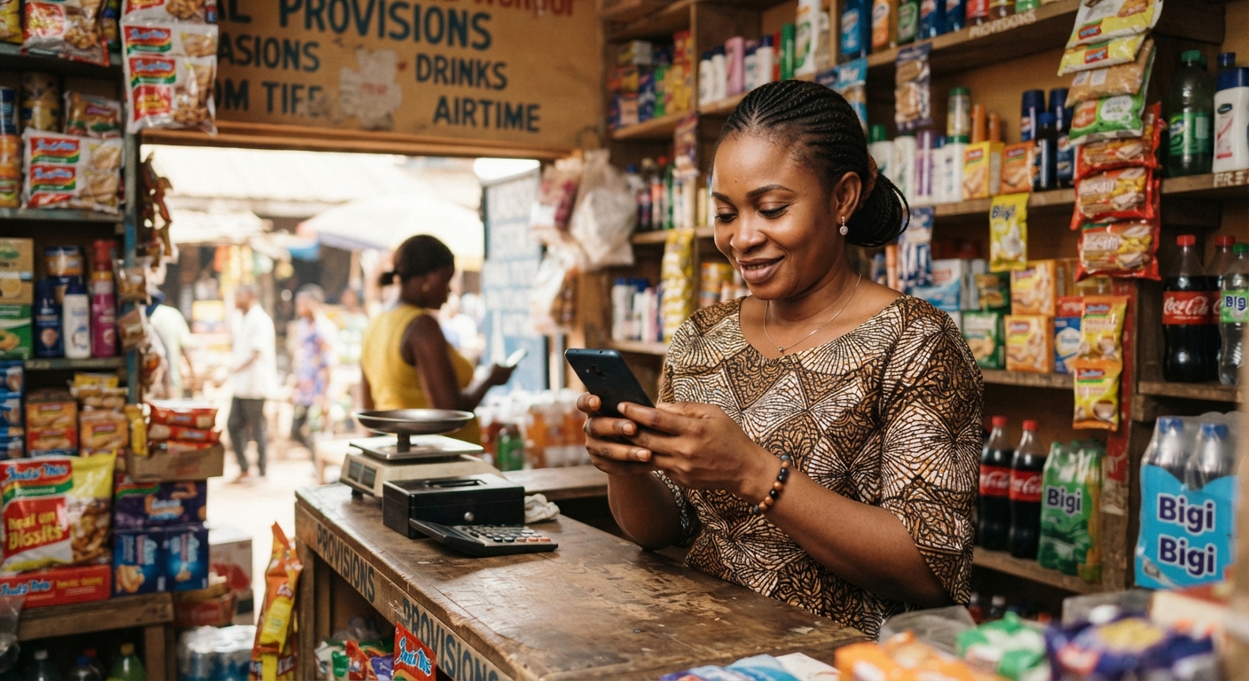 A Nigerian shop owner checks his phone behind the counter, representing easy access to business information.